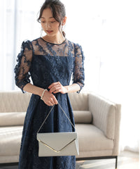 バックシャン リボン チュール刺繍レース 結婚式 パーティードレス(S,M,L,XL)50135