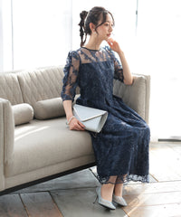 バックシャン リボン チュール刺繍レース 結婚式 パーティードレス(S,M,L,XL)50135