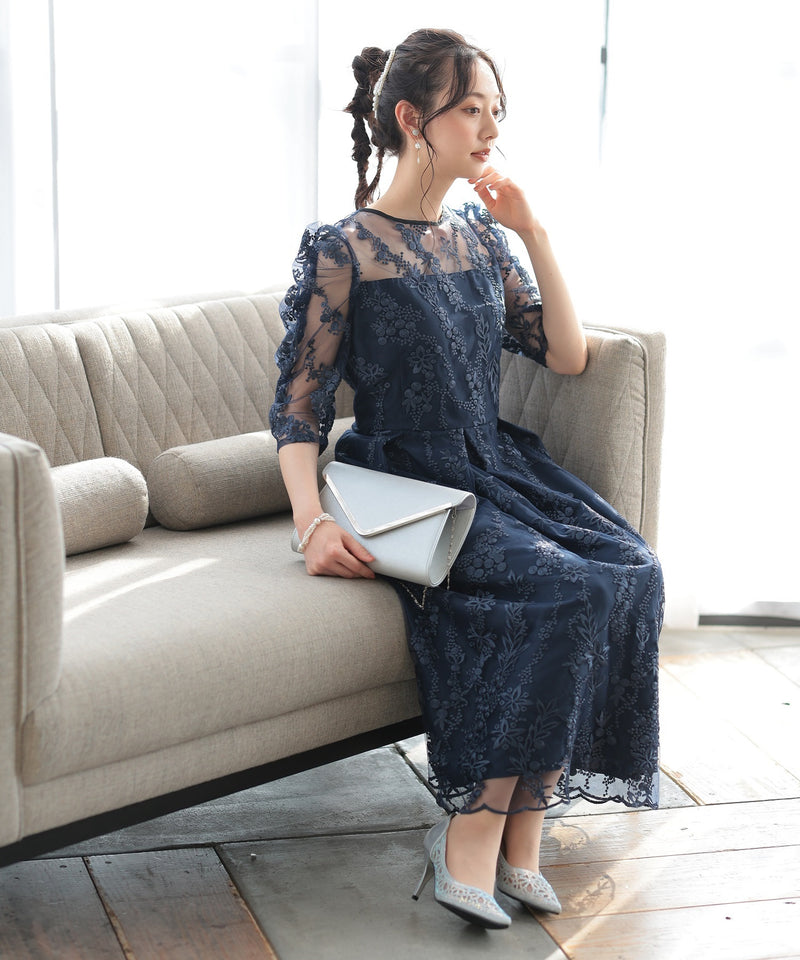 バックシャン リボン チュール刺繍レース 結婚式 パーティードレス(S,M,L,XL)50135