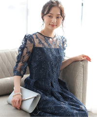 バックシャン リボン チュール刺繍レース 結婚式 パーティードレス(S,M,L,XL)50135