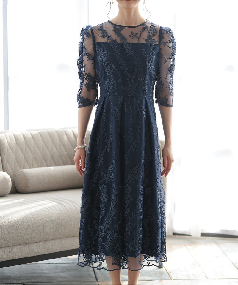 バックシャン リボン チュール刺繍レース 結婚式 パーティードレス(S,M,L,XL)50135