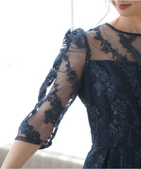 バックシャン リボン チュール刺繍レース 結婚式 パーティードレス(S,M,L,XL)50135