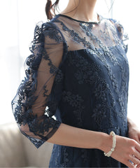 バックシャン リボン チュール刺繍レース 結婚式 パーティードレス(S,M,L,XL)50135