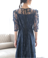 バックシャン リボン チュール刺繍レース 結婚式 パーティードレス(S,M,L,XL)50135