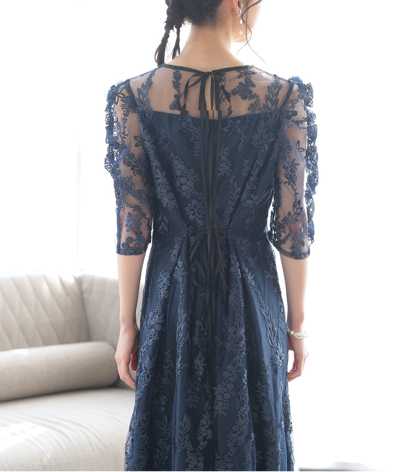 バックシャン リボン チュール刺繍レース 結婚式 パーティードレス(S,M,L,XL)50135
