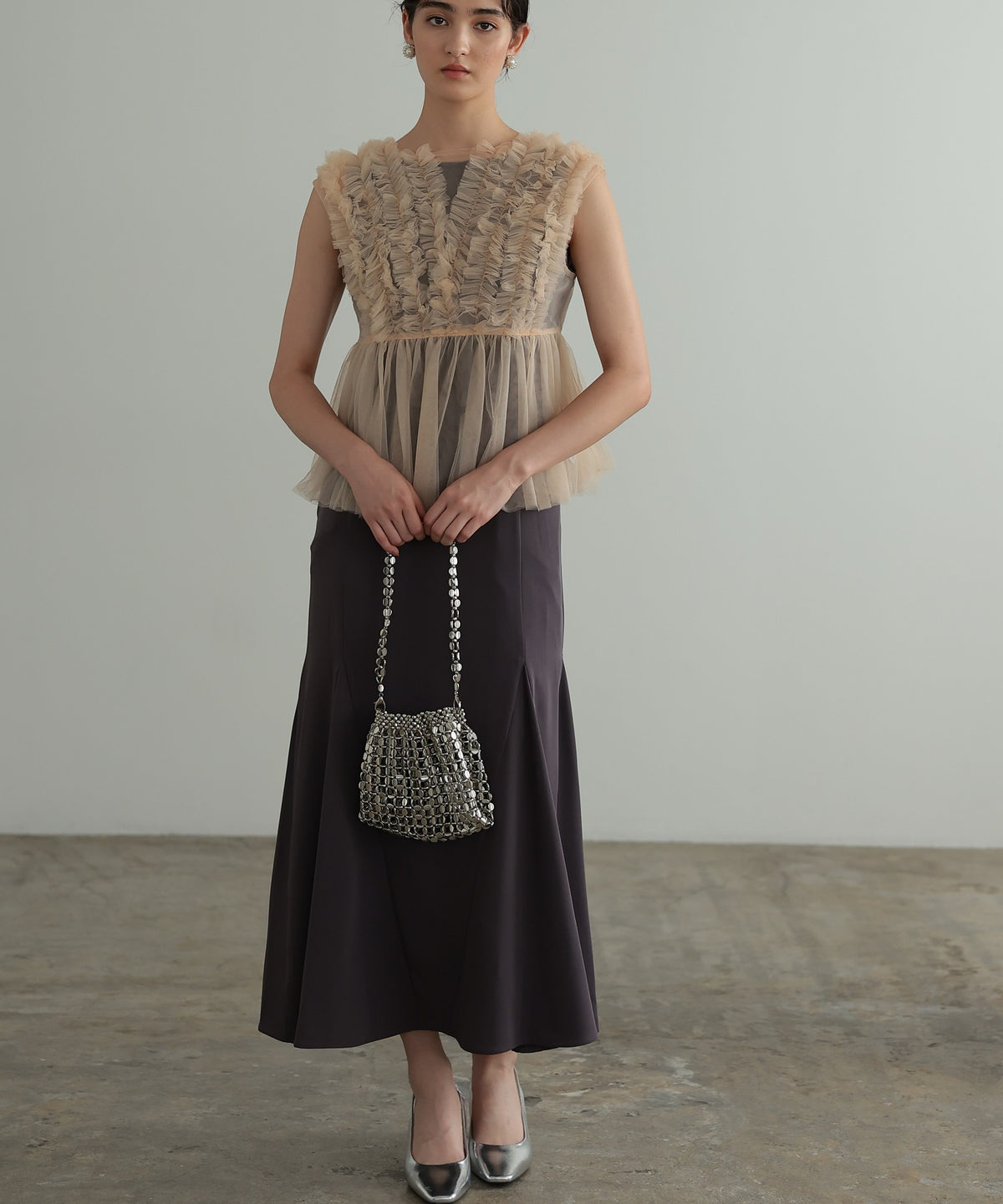チュールフリル ジレ付き２点セットドレス 結婚式 パーティー オケージョンドレス(S,M)50241