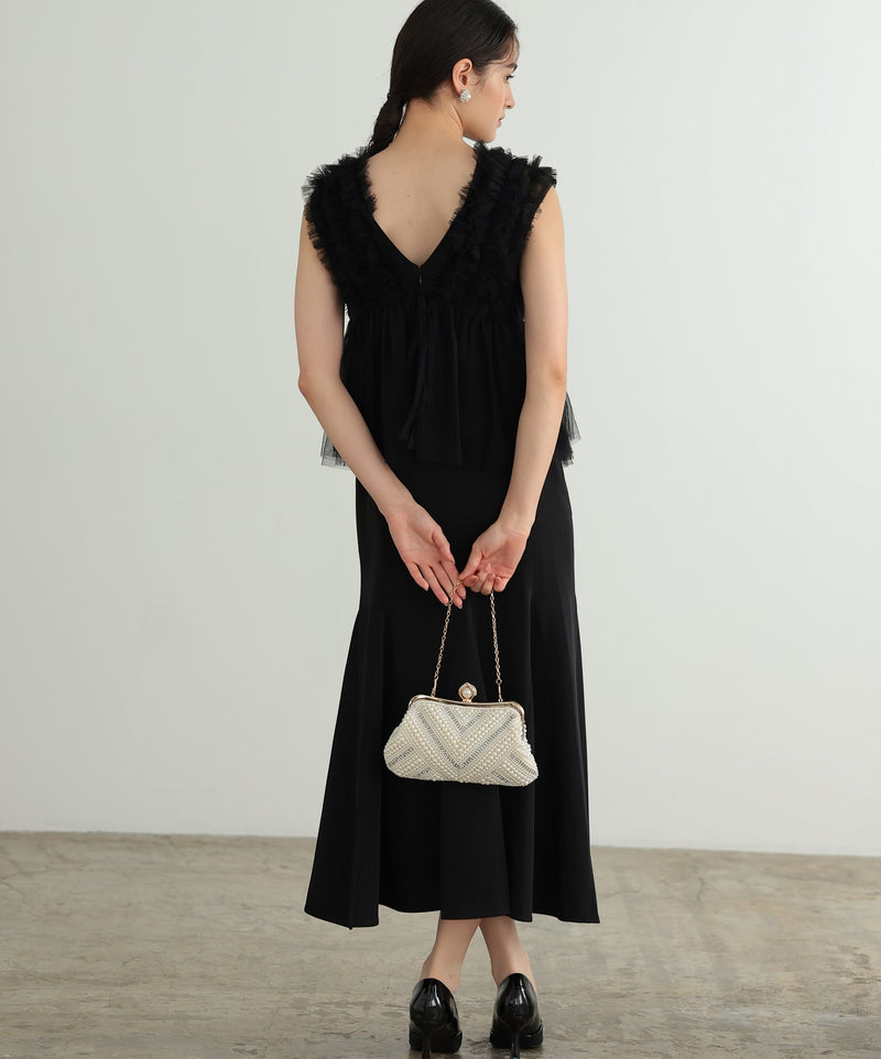 チュールフリル ジレ付き２点セットドレス 結婚式 パーティー オケージョンドレス(S,M)50241