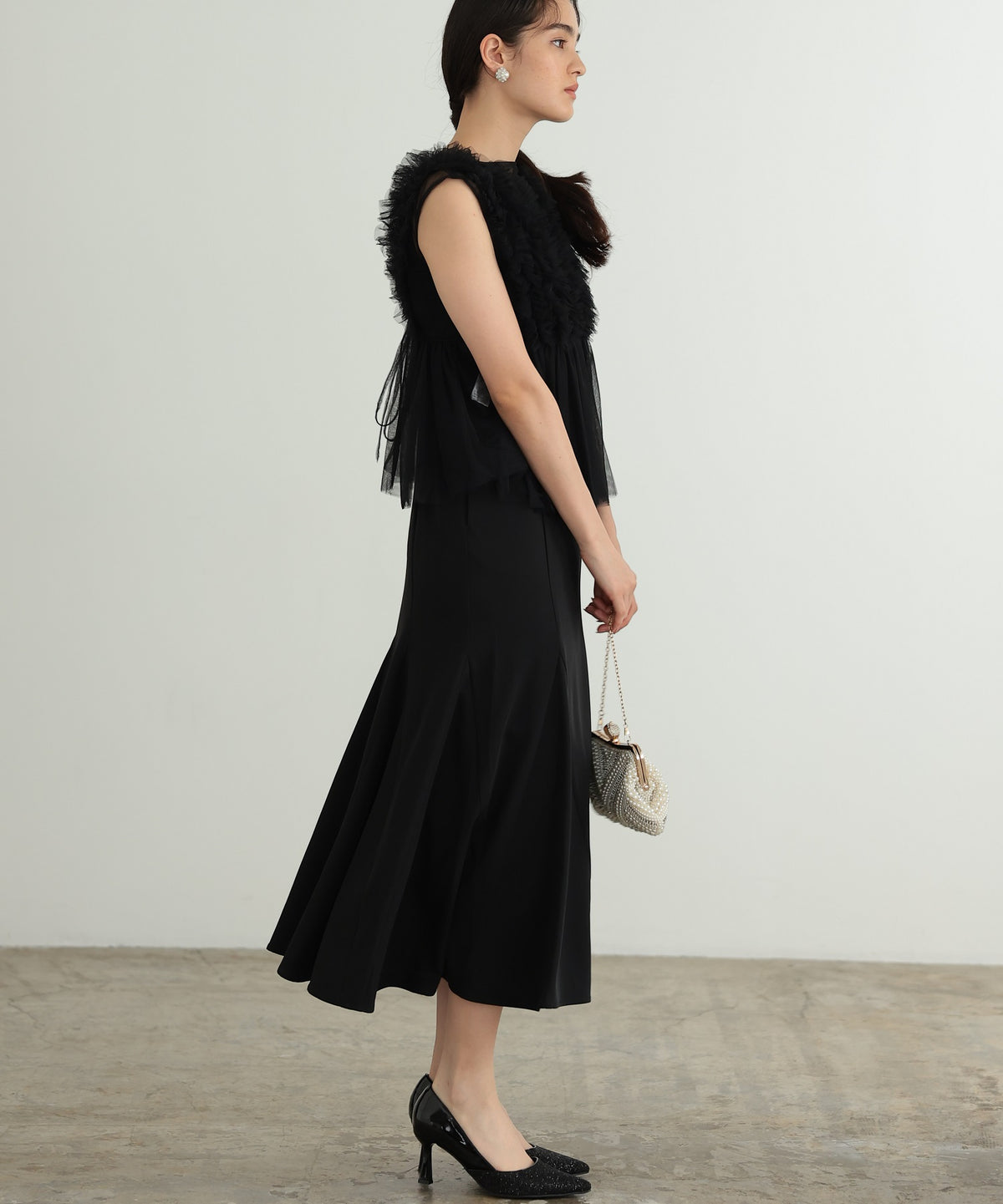 チュールフリル ジレ付き２点セットドレス 結婚式 パーティー オケージョンドレス(S,M)50241