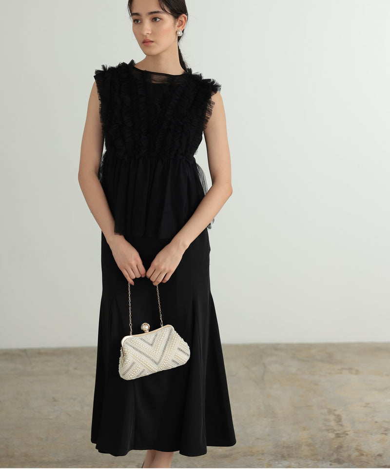 チュールフリル ジレ付き２点セットドレス 結婚式 パーティー オケージョンドレス(S,M)50241