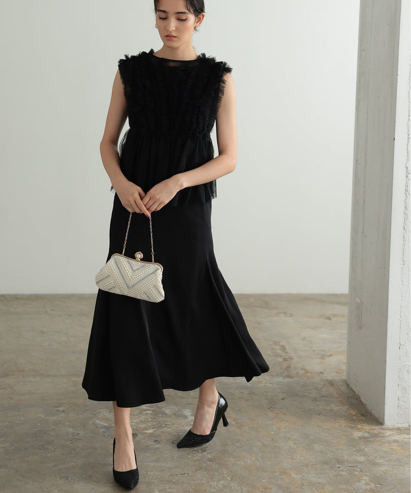 チュールフリル ジレ付き２点セットドレス 結婚式 パーティー オケージョンドレス(S,M)50241
