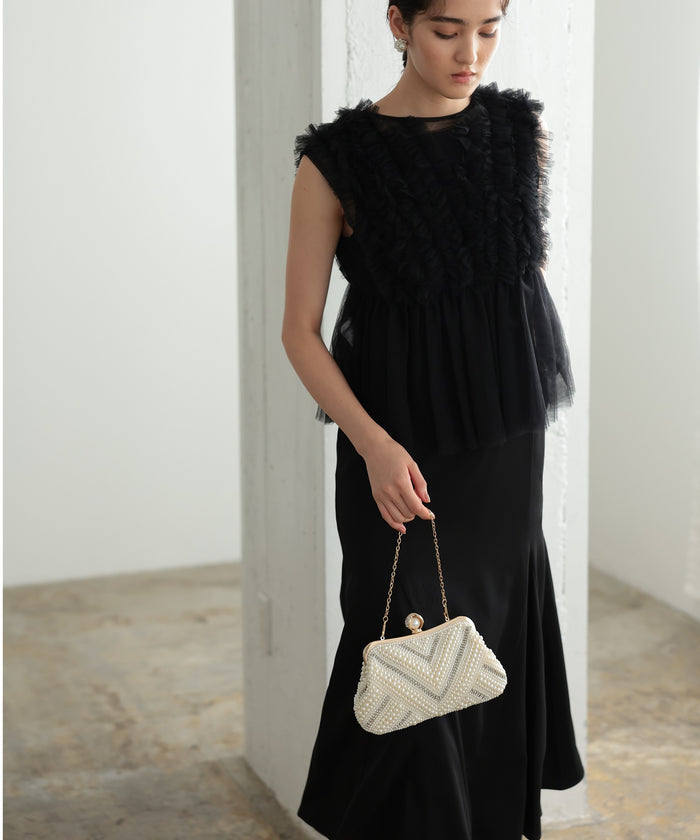 チュールフリル ジレ付き２点セットドレス 結婚式 パーティー オケージョンドレス(S,M)50241