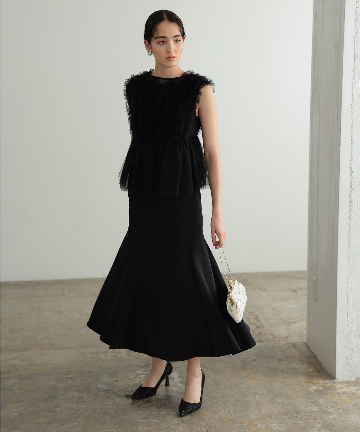 チュールフリル ジレ付き２点セットドレス 結婚式 パーティー オケージョンドレス(S,M)50241