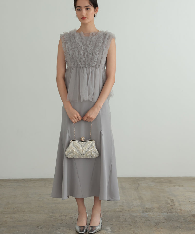 チュールフリル ジレ付き２点セットドレス 結婚式 パーティー オケージョンドレス(S,M)50241