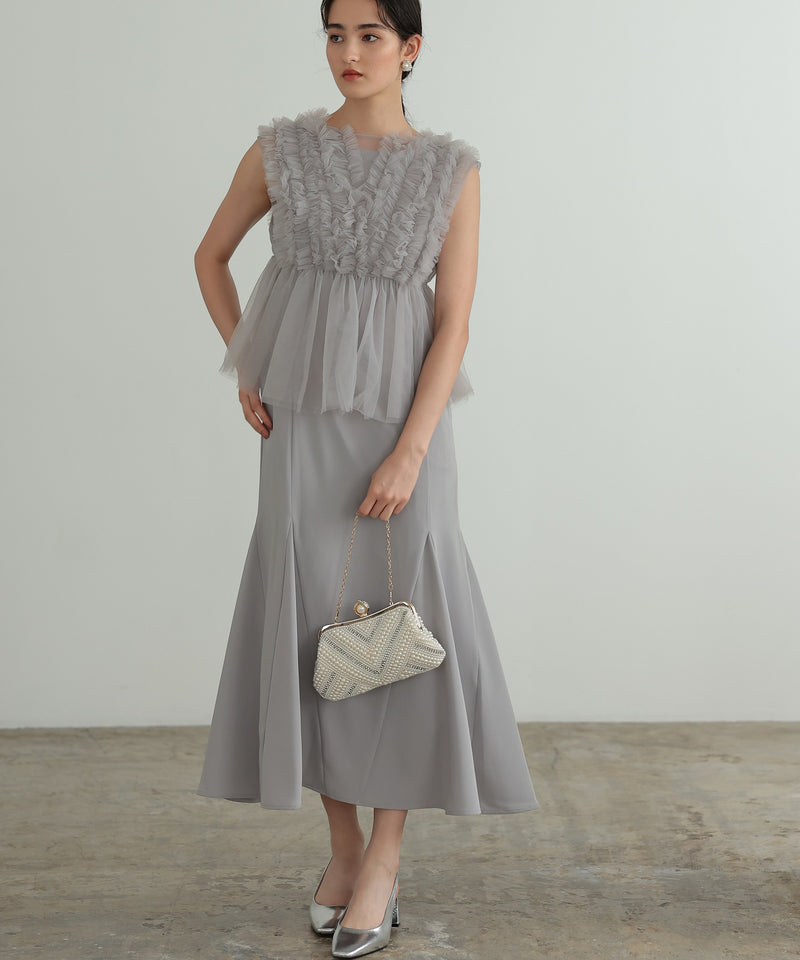 チュールフリル ジレ付き２点セットドレス 結婚式 パーティー オケージョンドレス(S,M)50241