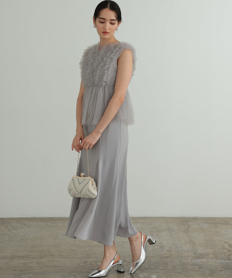 チュールフリル ジレ付き２点セットドレス 結婚式 パーティー オケージョンドレス(S,M)50241