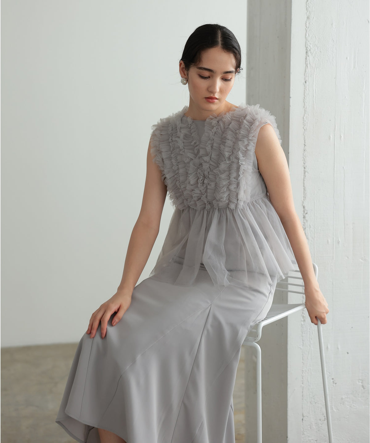 チュールフリル ジレ付き２点セットドレス 結婚式 パーティー オケージョンドレス(S,M)50241