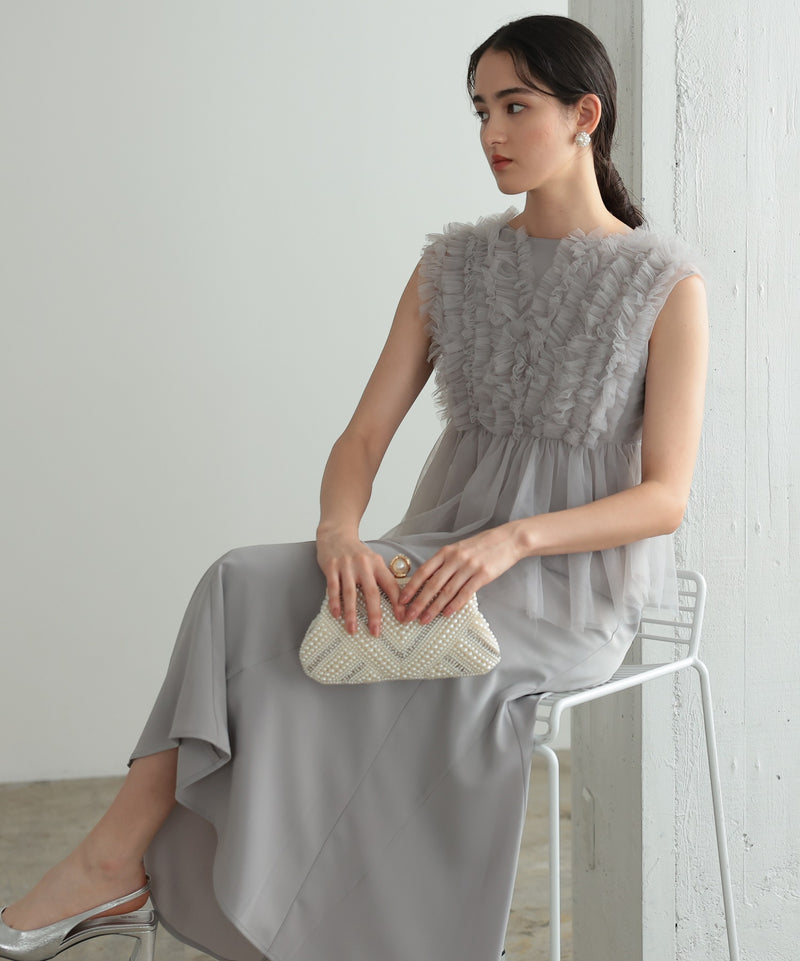 チュールフリル ジレ付き２点セットドレス 結婚式 パーティー オケージョンドレス(S,M)50241