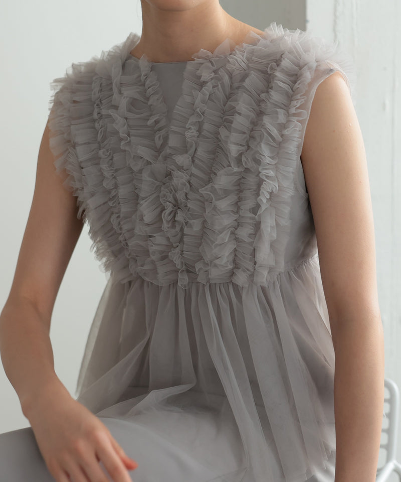 チュールフリル ジレ付き２点セットドレス 結婚式 パーティー オケージョンドレス(S,M)50241