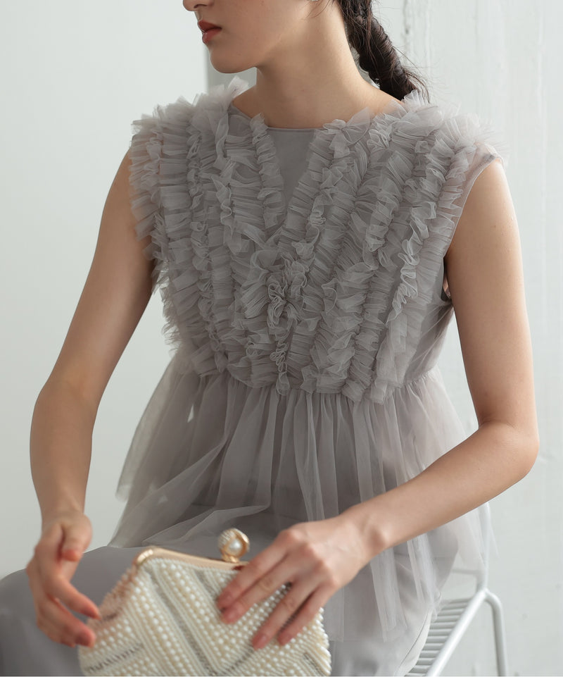チュールフリル ジレ付き２点セットドレス 結婚式 パーティー オケージョンドレス(S,M)50241