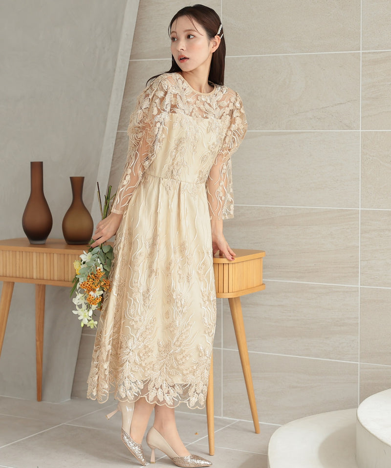 ボタニカル 刺繍レース 結婚式 パーティー オケージョン お呼ばれ ドレス(S,M)50247