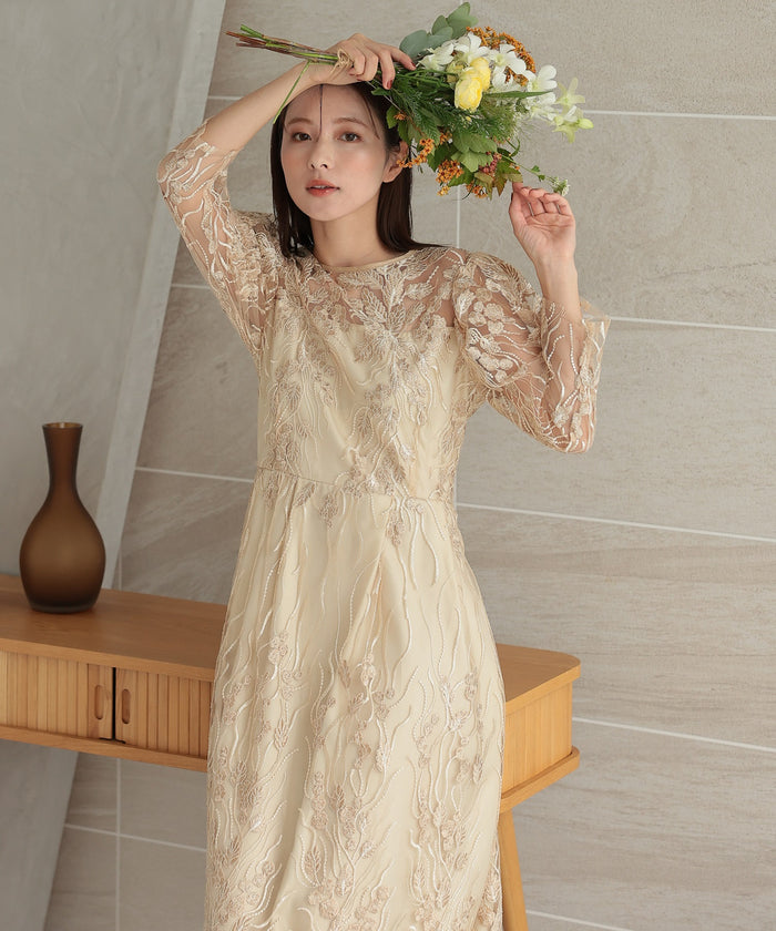 ボタニカル 刺繍レース 結婚式 パーティー オケージョン お呼ばれ ドレス(S,M)50247