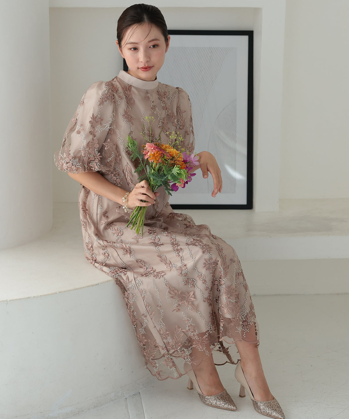 チュール刺繍 Aライン結婚式 パーティードレス50246-A