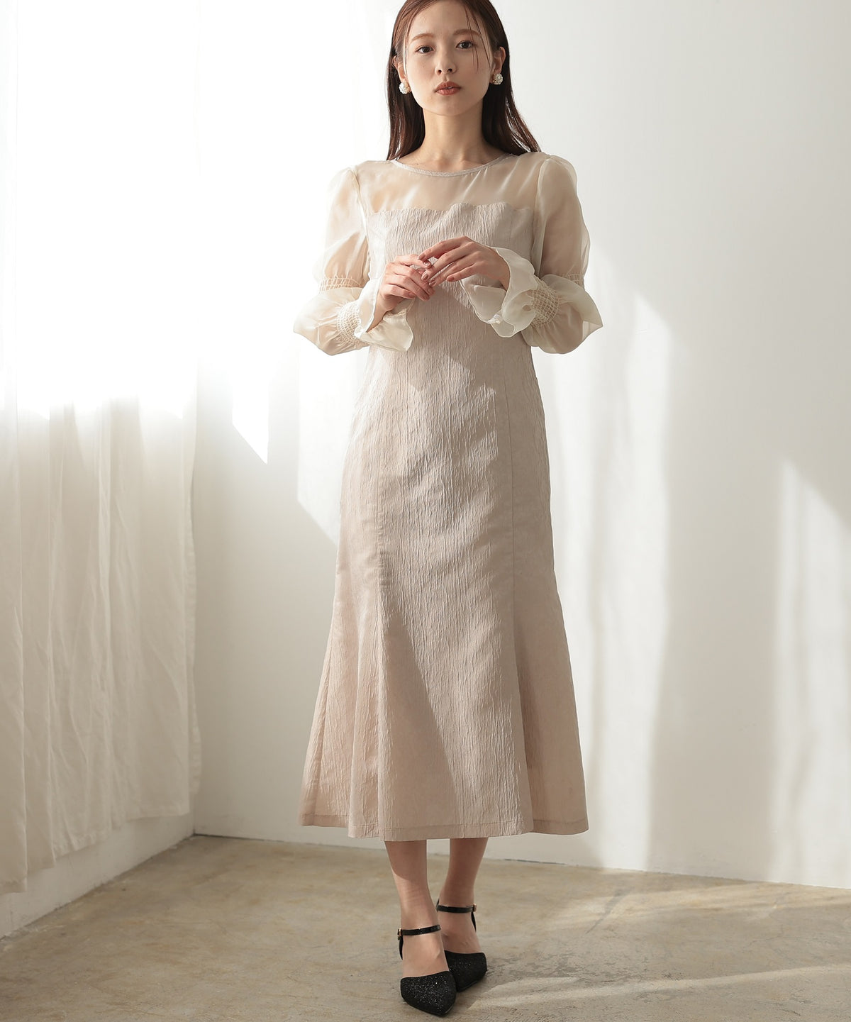 バックシャン リボン シアースリーブ 結婚式 パーティー ドレス50238