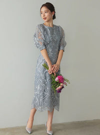 ランタンスリーブ刺繍レース  バックリボン 結婚式 パーティー タイトドレス (S,M,L,XL)50123