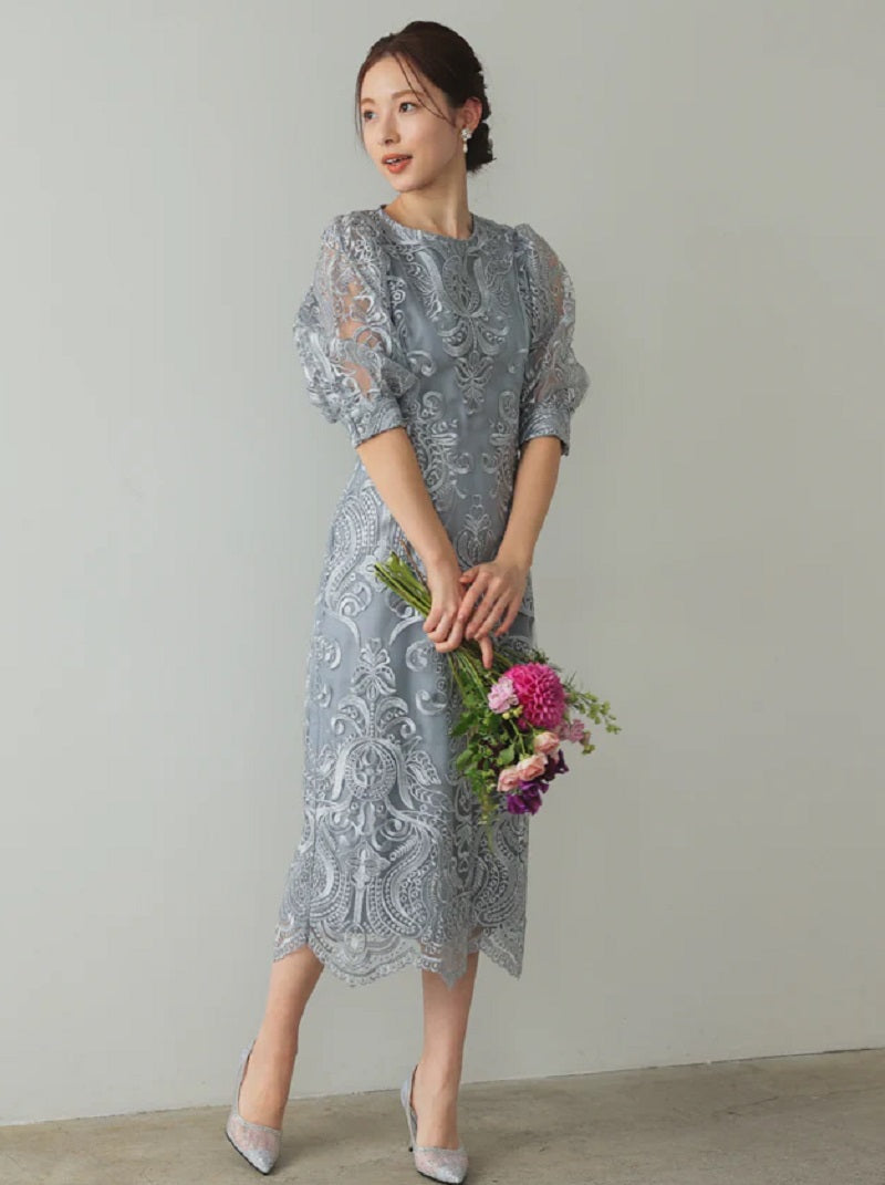 ランタンスリーブ刺繍レース  バックリボン 結婚式 パーティー タイトドレス (S,M,L,XL)50123