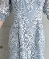ランタンスリーブ刺繍レース  バックリボン 結婚式 パーティー タイトドレス (S,M,L,XL)50123
