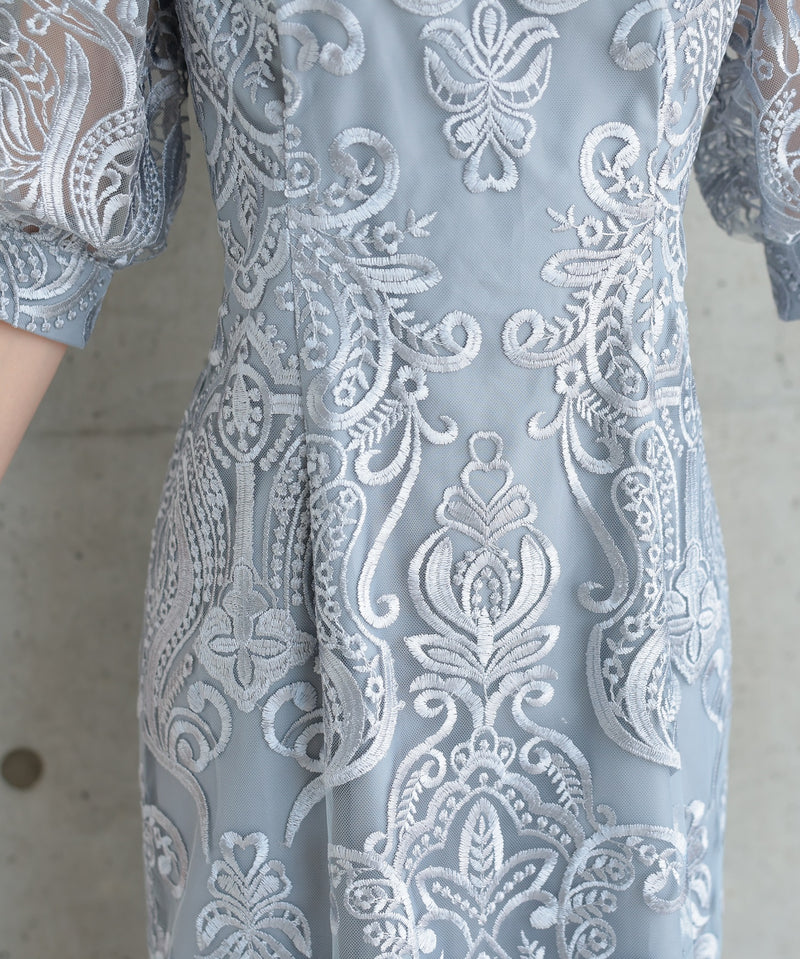 ランタンスリーブ刺繍レース  バックリボン 結婚式 パーティー タイトドレス (S,M,L,XL)50123