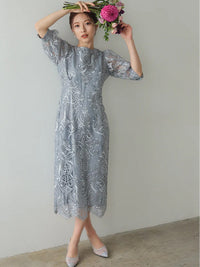 ランタンスリーブ刺繍レース  バックリボン 結婚式 パーティー タイトドレス (S,M,L,XL)50123