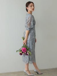 ランタンスリーブ刺繍レース  バックリボン 結婚式 パーティー タイトドレス (S,M,L,XL)50123