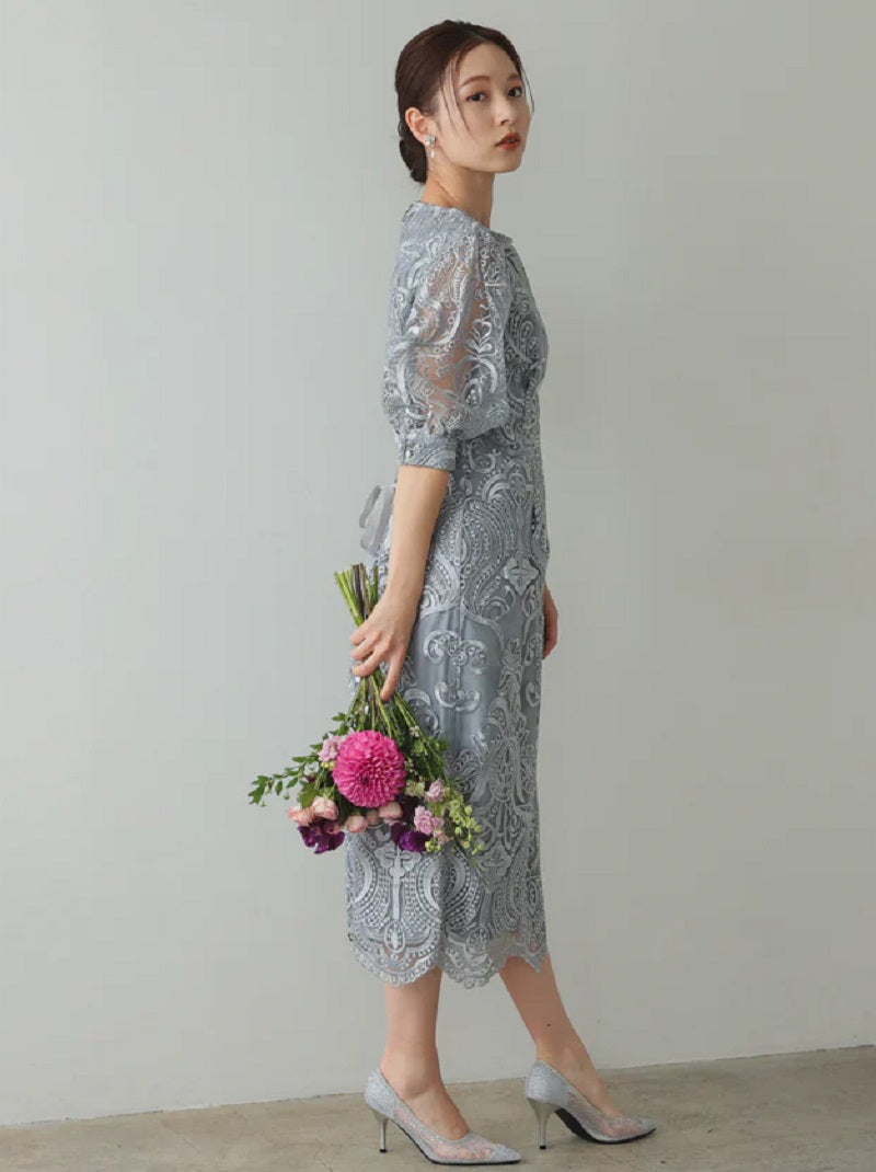 ランタンスリーブ刺繍レース  バックリボン 結婚式 パーティー タイトドレス (S,M,L,XL)50123