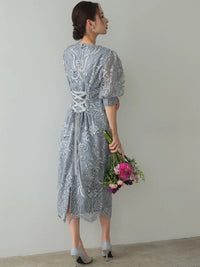 ランタンスリーブ刺繍レース  バックリボン 結婚式 パーティー タイトドレス (S,M,L,XL)50123