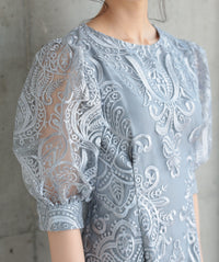ランタンスリーブ刺繍レース  バックリボン 結婚式 パーティー タイトドレス (S,M,L,XL)50123