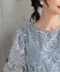 ランタンスリーブ刺繍レース  バックリボン 結婚式 パーティー タイトドレス (S,M,L,XL)50123