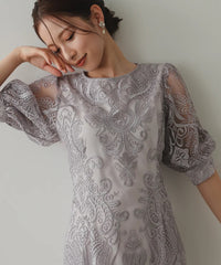 ランタンスリーブ刺繍レース  バックリボン 結婚式 パーティー タイトドレス (S,M,L,XL)50123