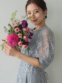 ランタンスリーブ刺繍レース  バックリボン 結婚式 パーティー タイトドレス (S,M,L,XL)50123