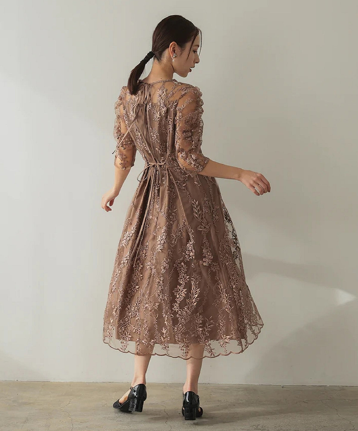 バックシャン リボン チュール刺繍レース 結婚式 パーティードレス(S,M,L,XL)50135