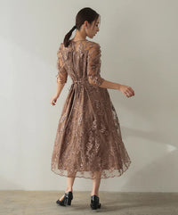 バックシャン リボン チュール刺繍レース 結婚式 パーティードレス(S,M,L,XL)50135