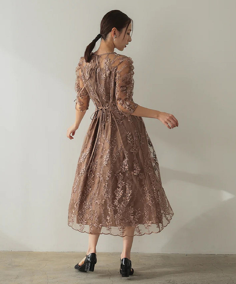 バックシャン リボン チュール刺繍レース 結婚式 パーティードレス(S,M,L,XL)50135