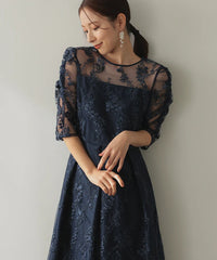 バックシャン リボン チュール刺繍レース 結婚式 パーティードレス(S,M,L,XL)50135