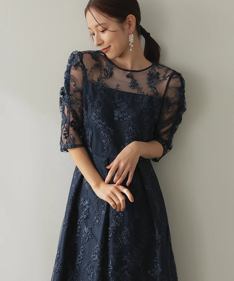バックシャン リボン チュール刺繍レース 結婚式 パーティードレス(S,M,L,XL)50135