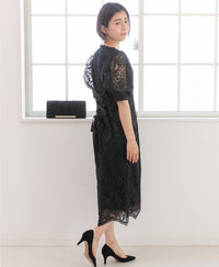 ランタンスリーブ刺繍レース  バックリボン 結婚式 パーティー タイトドレス (S,M,L,XL)50123