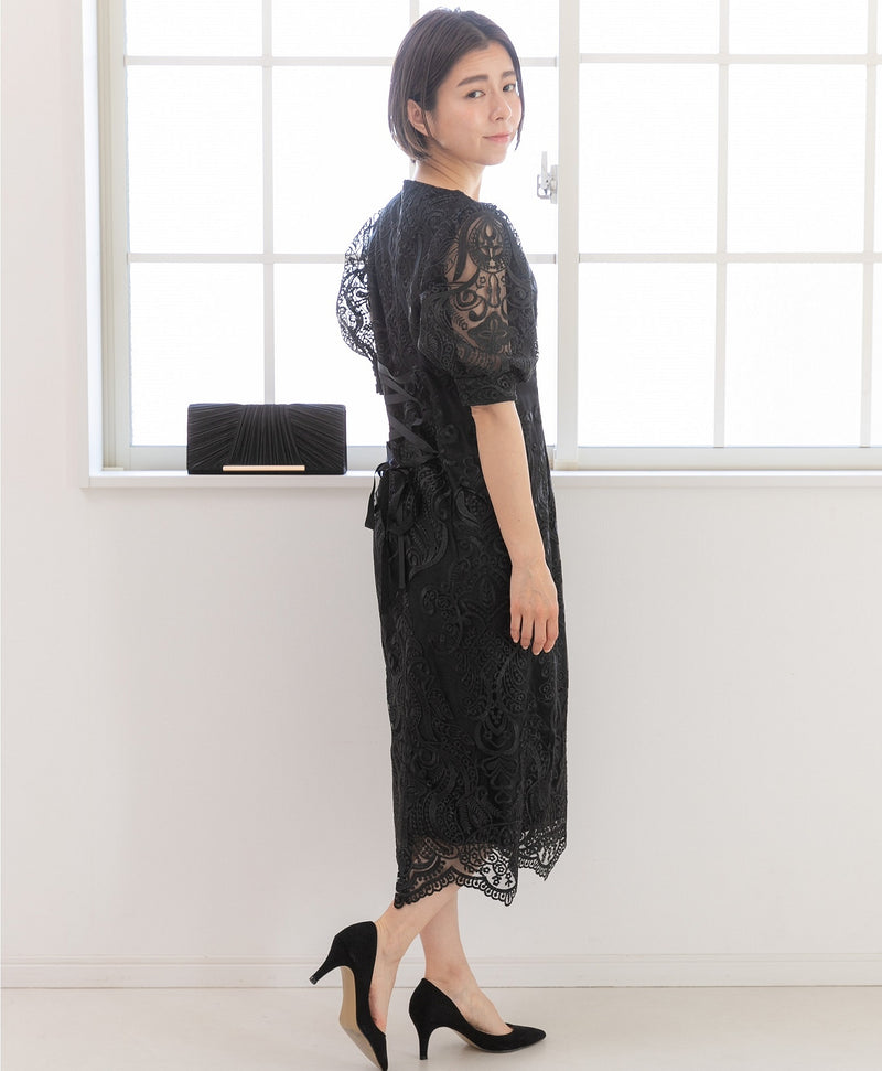 ランタンスリーブ刺繍レース  バックリボン 結婚式 パーティー タイトドレス (S,M,L,XL)50123
