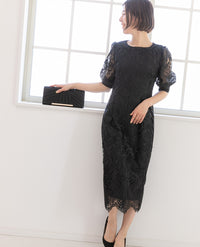 ランタンスリーブ刺繍レース  バックリボン 結婚式 パーティー タイトドレス (S,M,L,XL)50123