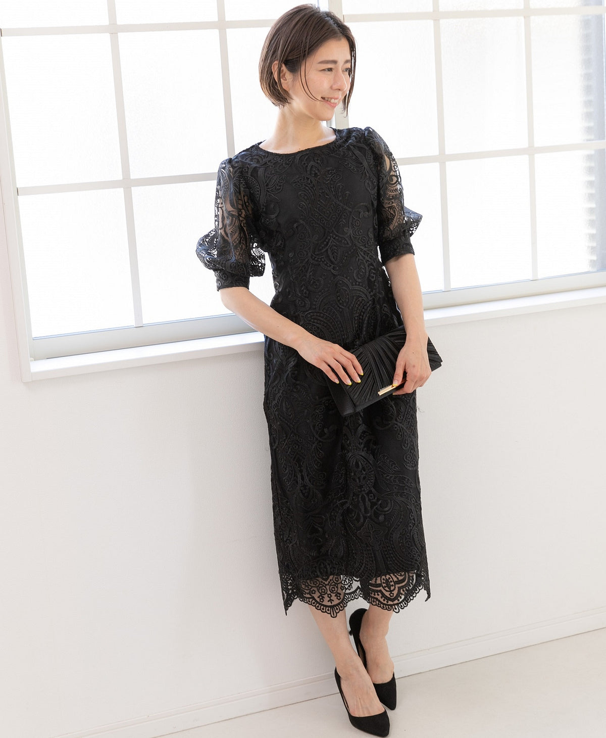 ランタンスリーブ刺繍レース  バックリボン 結婚式 パーティー タイトドレス (S,M,L,XL)50123