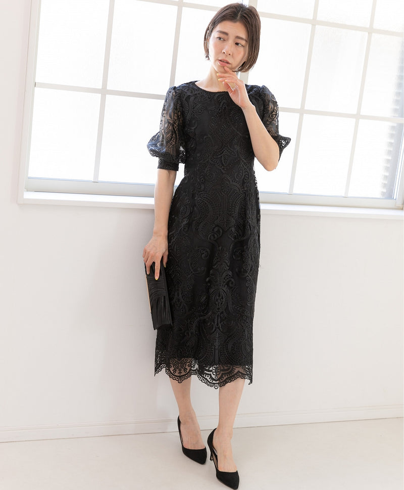 ランタンスリーブ刺繍レース  バックリボン 結婚式 パーティー タイトドレス (S,M,L,XL)50123