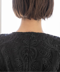 ランタンスリーブ刺繍レース  バックリボン 結婚式 パーティー タイトドレス (S,M,L,XL)50123